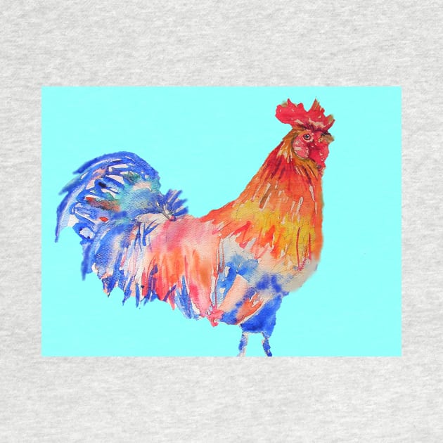 Rooster Chicken Watercolor Painting on Aqua by SarahRajkotwala